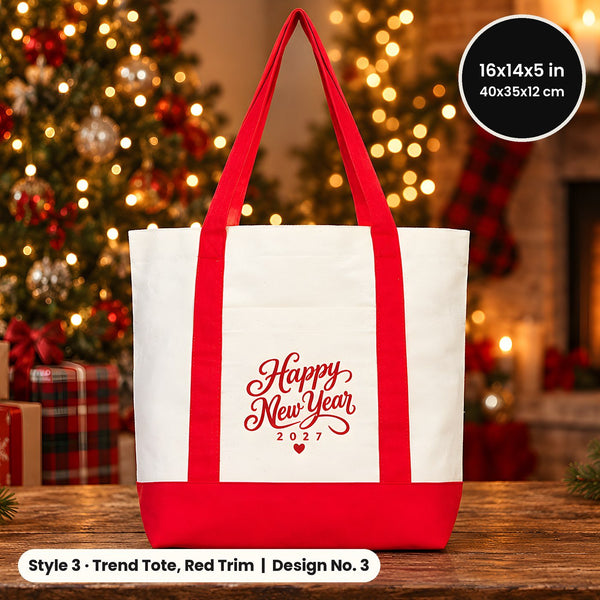Sacs en toile du Réveillon – tote bags en 3 modèles, 9 motifs Happy New Year 2027 : Large City 45 × 35 × 10 cm, anses rouges 45 × 35 × 8 cm ou bordure rouge 40 × 35 × 12 cm - Pamusan.fr