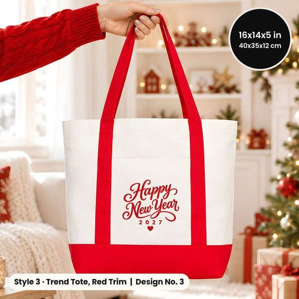 Sacs en toile du Réveillon – tote bags en 3 modèles, 9 motifs Happy New Year 2027 : Large City 45 × 35 × 10 cm, anses rouges 45 × 35 × 8 cm ou bordure rouge 40 × 35 × 12 cm - Pamusan.fr