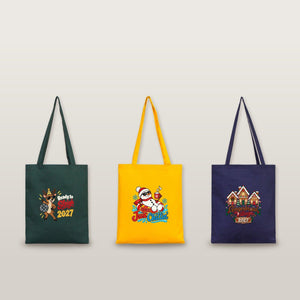 Sac cadeau de Noël en tissu – tote bag réutilisable en coton 35 × 40 cm, vert, jaune ou bleu marine, 9 motifs Noël & Nouvel An 2027 - Pamusan.fr