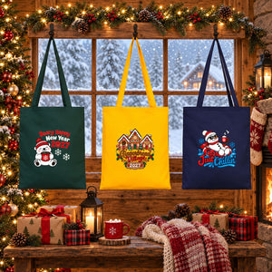 Sac cadeau de Noël en tissu – tote bag réutilisable en coton 35 × 40 cm, vert, jaune ou bleu marine, 9 motifs Noël & Nouvel An 2027 - Pamusan.fr