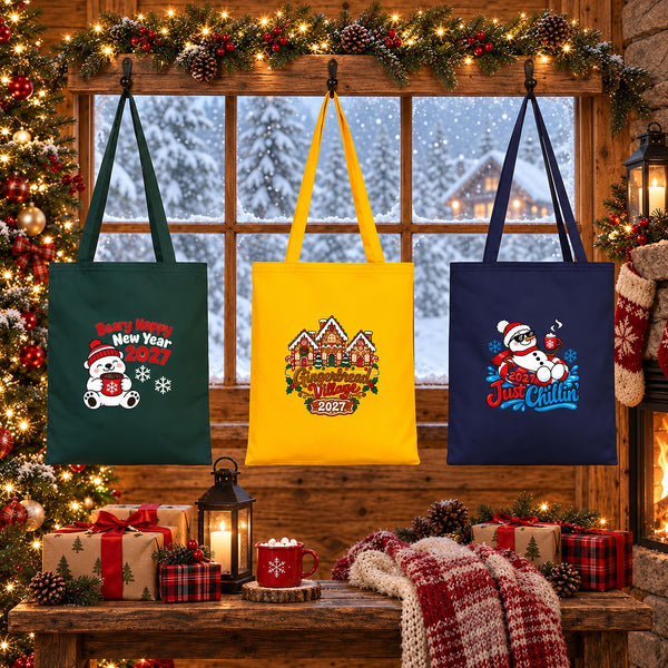 Sac cadeau de Noël en tissu – tote bag réutilisable en coton 35 × 40 cm, vert, jaune ou bleu marine, 9 motifs Noël & Nouvel An 2027 - Pamusan.fr
