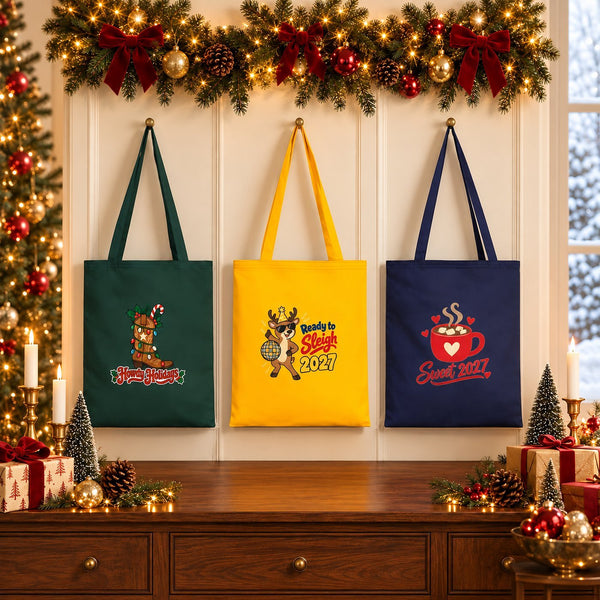 Sac cadeau de Noël en tissu – tote bag réutilisable en coton 35 × 40 cm, vert, jaune ou bleu marine, 9 motifs Noël & Nouvel An 2027 - Pamusan.fr
