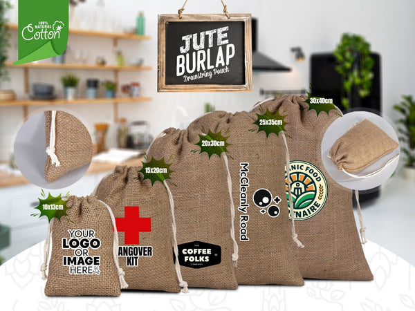 Custom Coffee Burlap Drawstring Bags - 100% Natural Jute (4"W x 5"H) - Pamusan.com