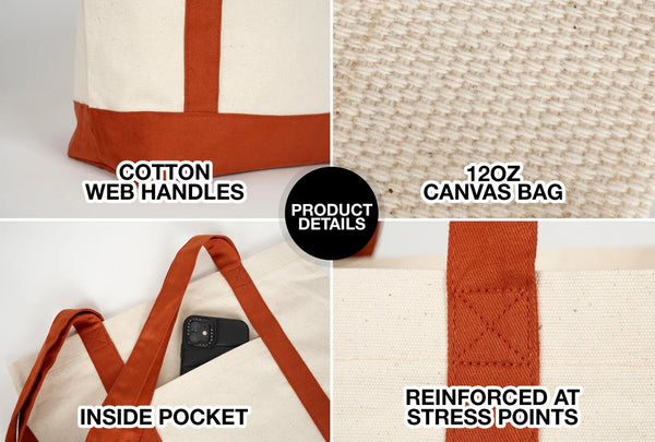 Large Terracotta Canvas Tote Bag – 16"x14"x5", Eco - Friendly & Reusable Cotton Bag - Pamusan.com