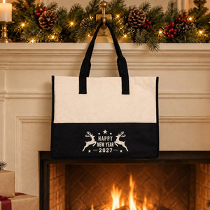 Grand tote bag de Noël – sac cabas bicolore en toile 45 × 35 × 19 cm, bordeaux, noir ou vert sauge, 9 motifs Noël & Nouvel An 2027 - Pamusan.fr