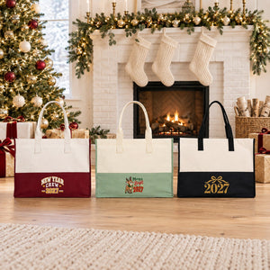 Grand tote bag de Noël – sac cabas bicolore en toile 45 × 35 × 19 cm, bordeaux, noir ou vert sauge, 9 motifs Noël & Nouvel An 2027 - Pamusan.fr