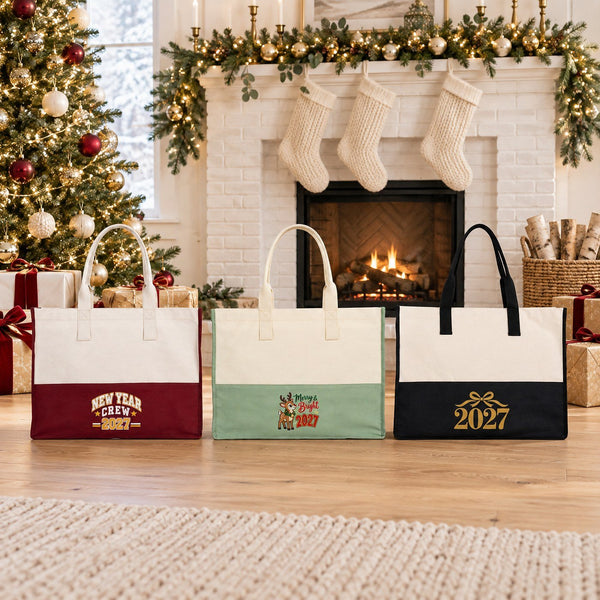 Grand tote bag de Noël – sac cabas bicolore en toile 45 × 35 × 19 cm, bordeaux, noir ou vert sauge, 9 motifs Noël & Nouvel An 2027 - Pamusan.fr