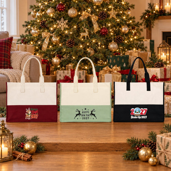 Grand tote bag de Noël – sac cabas bicolore en toile 45 × 35 × 19 cm, bordeaux, noir ou vert sauge, 9 motifs Noël & Nouvel An 2027 - Pamusan.fr