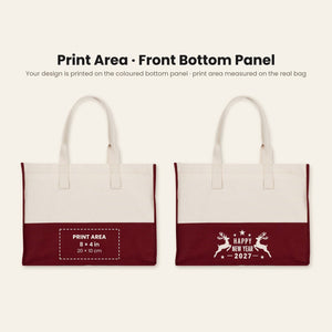 Grand tote bag de Noël – sac cabas bicolore en toile 45 × 35 × 19 cm, bordeaux, noir ou vert sauge, 9 motifs Noël & Nouvel An 2027 - Pamusan.fr