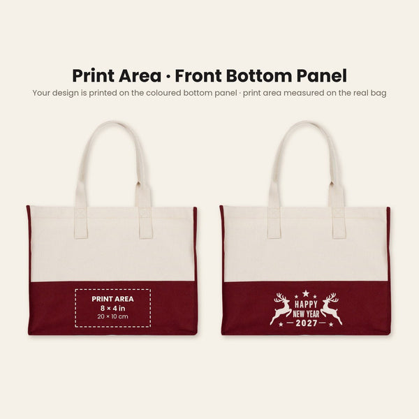Grand tote bag de Noël – sac cabas bicolore en toile 45 × 35 × 19 cm, bordeaux, noir ou vert sauge, 9 motifs Noël & Nouvel An 2027 - Pamusan.fr