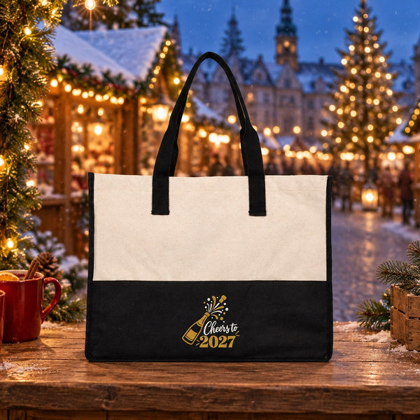 Grand tote bag de Noël – sac cabas bicolore en toile 45 × 35 × 19 cm, bordeaux, noir ou vert sauge, 9 motifs Noël & Nouvel An 2027 - Pamusan.fr