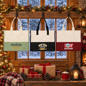 Grand tote bag de Noël – sac cabas bicolore en toile 45 × 35 × 19 cm, bordeaux, noir ou vert sauge, 9 motifs Noël & Nouvel An 2027 - Pamusan.fr