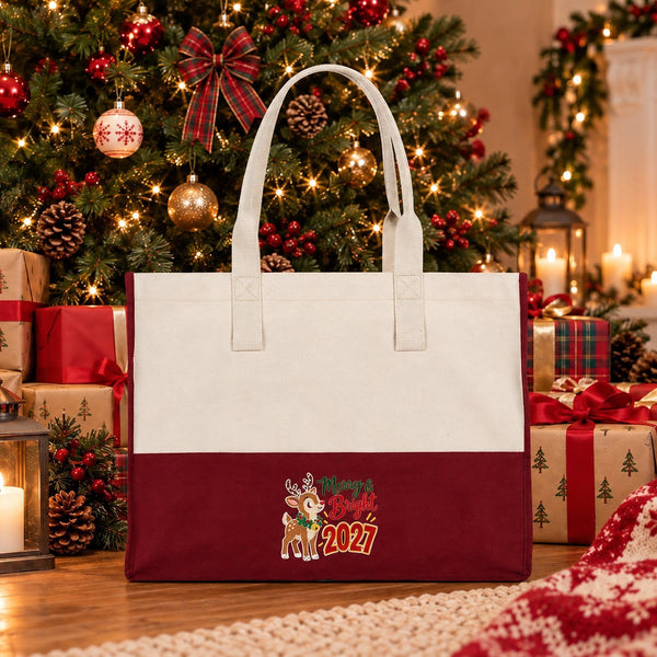 Grand tote bag de Noël – sac cabas bicolore en toile 45 × 35 × 19 cm, bordeaux, noir ou vert sauge, 9 motifs Noël & Nouvel An 2027 - Pamusan.fr