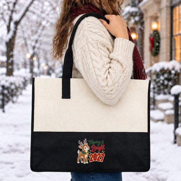 Grand tote bag de Noël – sac cabas bicolore en toile 45 × 35 × 19 cm, bordeaux, noir ou vert sauge, 9 motifs Noël & Nouvel An 2027 - Pamusan.fr