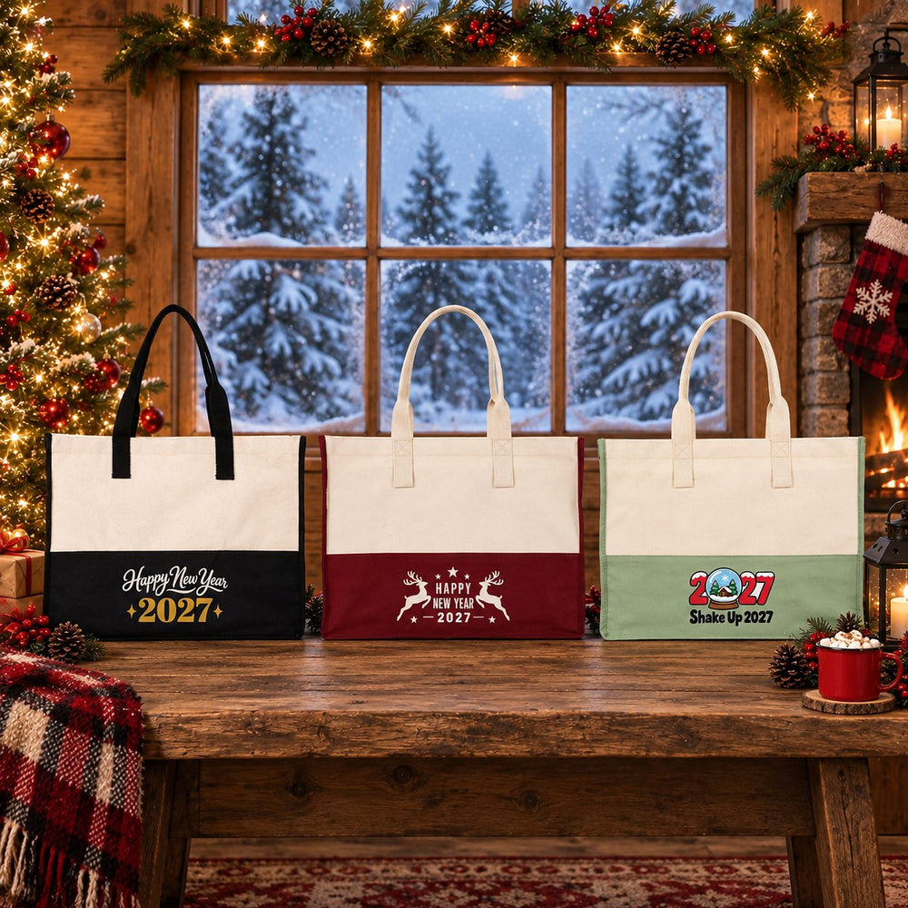 Grand tote bag de Noël – sac cabas bicolore en toile 45 × 35 × 19 cm, bordeaux, noir ou vert sauge, 18 motifs Noël & Nouvel An 2027 - Pamusan.fr