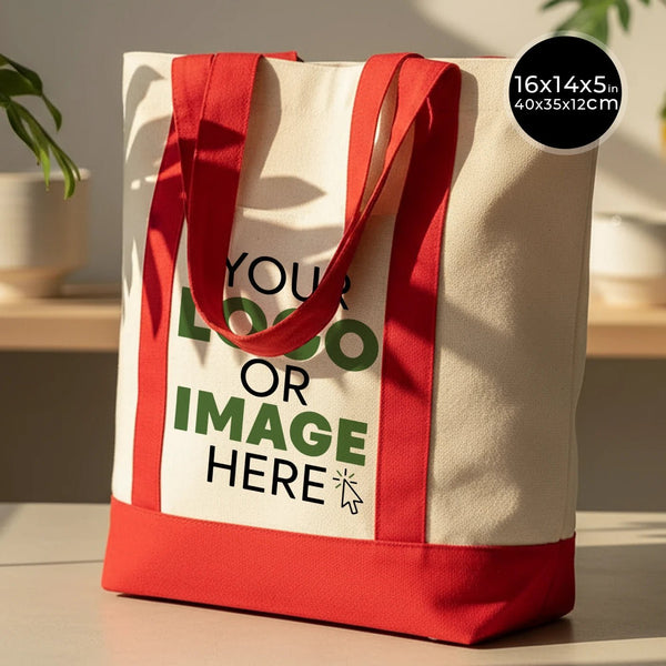 Grand sac de courses en toile tendance avec poignée rouge, 16" L x 14" H x 5" P, grand sac fourre-tout 12 oz, personnalisé - Pamusan.es