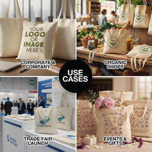 Sacs cabas personnalisables, tote bags en coton pour entreprises, magasins bio, salons et événements. Exemples d'utilisation variés pour sacs écologiques. Dimensions en cm - Pamusan