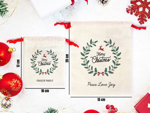 Merry Christmas Pouch Bags – Custom Cotton Drawstring Gift Bags — logo detail | Pamusan