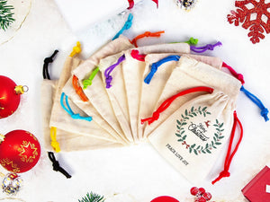 Merry Christmas Pouch Bags – Custom Cotton Drawstring Gift Bags — logo detail | Pamusan