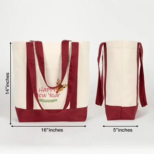 New Year Canvas Tote Bag 16" × 14" × 5" (40 × 35 × 12 cm) Burgundy Handles – (18 Festive Designs) - Pamusan.com