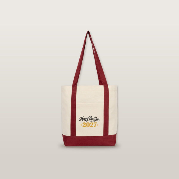 Sac cabas Nouvel An en toile avec poche avant – 9 motifs Happy New Year 2027, tote bag 40 × 35 × 12 cm, finitions rouge, noir ou bordeaux - Pamusan.fr