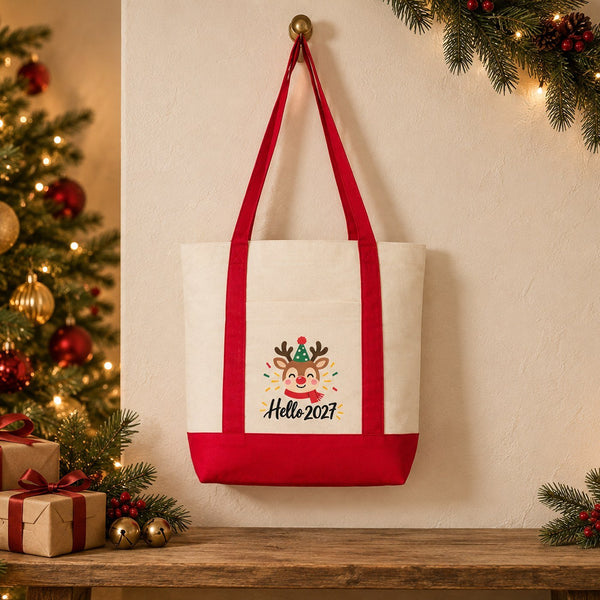 Sac cabas Nouvel An en toile avec poche avant – 9 motifs Happy New Year 2027, tote bag 40 × 35 × 12 cm, finitions rouge, noir ou bordeaux - Pamusan.fr
