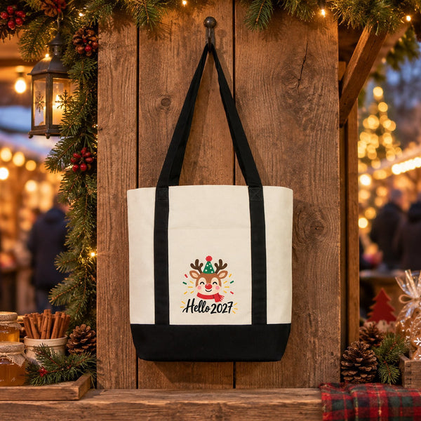 Sac cabas Nouvel An en toile avec poche avant – 9 motifs Happy New Year 2027, tote bag 40 × 35 × 12 cm, finitions rouge, noir ou bordeaux - Pamusan.fr