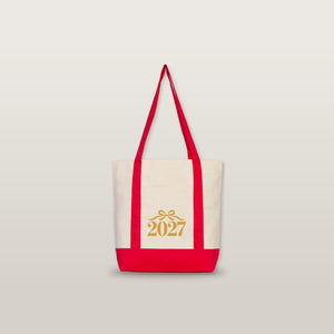 Sac cabas Nouvel An en toile avec poche avant – 9 motifs Happy New Year 2027, tote bag 40 × 35 × 12 cm, finitions rouge, noir ou bordeaux - Pamusan.fr