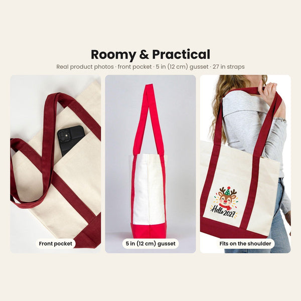 Sac cabas Nouvel An en toile avec poche avant – 9 motifs Happy New Year 2027, tote bag 40 × 35 × 12 cm, finitions rouge, noir ou bordeaux - Pamusan.fr