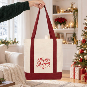 Sac cabas Nouvel An en toile avec poche avant – 9 motifs Happy New Year 2027, tote bag 40 × 35 × 12 cm, finitions rouge, noir ou bordeaux - Pamusan.fr