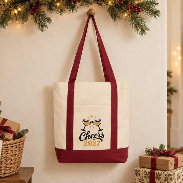 Sac cabas Nouvel An en toile avec poche avant – 9 motifs Happy New Year 2027, tote bag 40 × 35 × 12 cm, finitions rouge, noir ou bordeaux - Pamusan.fr