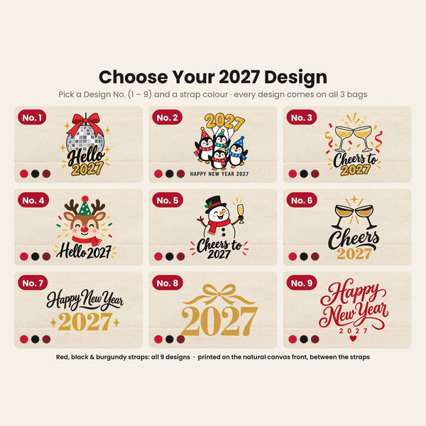 Sac cabas Nouvel An en toile avec poche avant – 9 motifs Happy New Year 2027, tote bag 40 × 35 × 12 cm, finitions rouge, noir ou bordeaux - Pamusan.fr