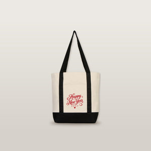 Sac cabas Nouvel An en toile avec poche avant – 9 motifs Happy New Year 2027, tote bag 40 × 35 × 12 cm, finitions rouge, noir ou bordeaux - Pamusan.fr