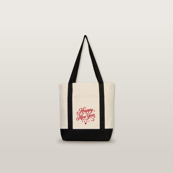Sac cabas Nouvel An en toile avec poche avant – 9 motifs Happy New Year 2027, tote bag 40 × 35 × 12 cm, finitions rouge, noir ou bordeaux - Pamusan.fr
