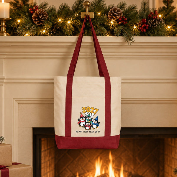 Sac cabas Nouvel An en toile avec poche avant – 9 motifs Happy New Year 2027, tote bag 40 × 35 × 12 cm, finitions rouge, noir ou bordeaux - Pamusan.fr