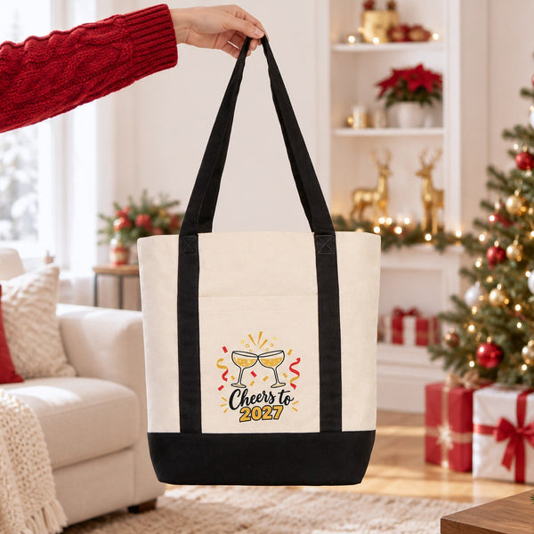 Sac cabas Nouvel An en toile avec poche avant – 9 motifs Happy New Year 2027, tote bag 40 × 35 × 12 cm, finitions rouge, noir ou bordeaux - Pamusan.fr