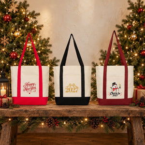 Sac cabas Nouvel An en toile avec poche avant – 9 motifs Happy New Year 2027, tote bag 40 × 35 × 12 cm, finitions rouge, noir ou bordeaux - Pamusan.fr