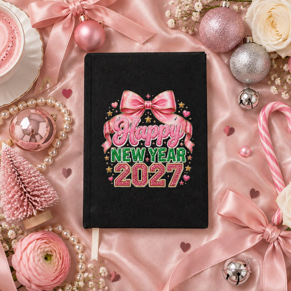 Journal du Nouvel An 2027 – carnet A5 en toile 14 × 20 cm, 9 motifs Happy New Year 2027, couverture naturelle ou noire, 160 pages blanches - Pamusan.fr