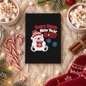 Journal du Nouvel An 2027 – carnet A5 en toile 14 × 20 cm, 9 motifs Happy New Year 2027, couverture naturelle ou noire, 160 pages blanches - Pamusan.fr
