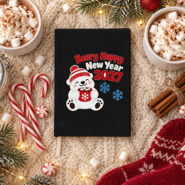 Journal du Nouvel An 2027 – carnet A5 en toile 14 × 20 cm, 9 motifs Happy New Year 2027, couverture naturelle ou noire, 160 pages blanches - Pamusan.fr