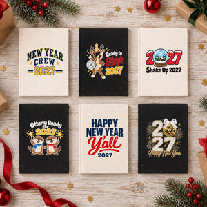 Journal du Nouvel An 2027 – carnet A5 en toile 14 × 20 cm, 9 motifs Happy New Year 2027, couverture naturelle ou noire, 160 pages blanches - Pamusan.fr