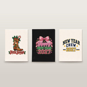 Journal du Nouvel An 2027 – carnet A5 en toile 14 × 20 cm, 9 motifs Happy New Year 2027, couverture naturelle ou noire, 160 pages blanches - Pamusan.fr