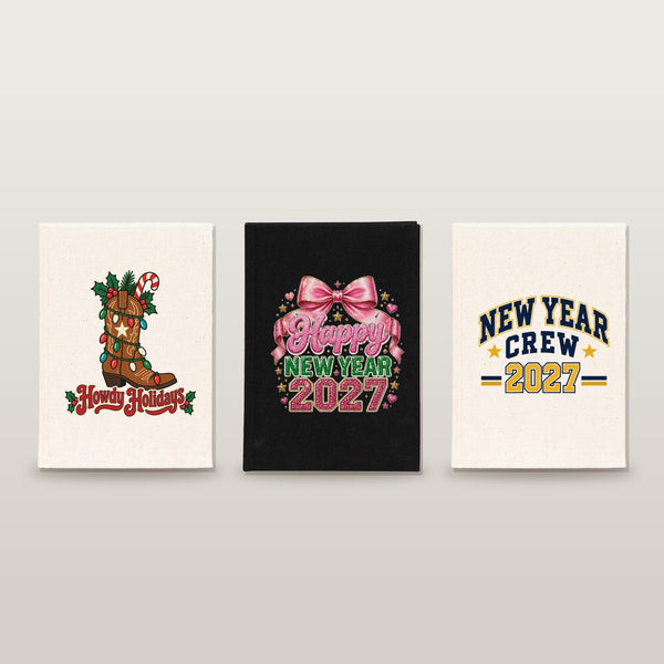 Journal du Nouvel An 2027 – carnet A5 en toile 14 × 20 cm, 9 motifs Happy New Year 2027, couverture naturelle ou noire, 160 pages blanches - Pamusan.fr