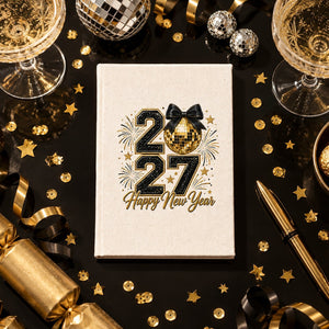 Journal du Nouvel An 2027 – carnet A5 en toile 14 × 20 cm, 9 motifs Happy New Year 2027, couverture naturelle ou noire, 160 pages blanches - Pamusan.fr