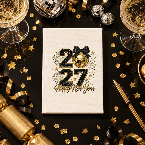 Journal du Nouvel An 2027 – carnet A5 en toile 14 × 20 cm, 9 motifs Happy New Year 2027, couverture naturelle ou noire, 160 pages blanches - Pamusan.fr