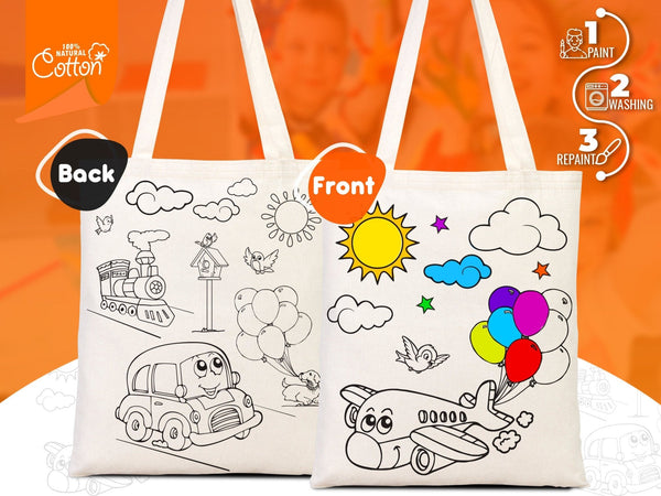 Sac fourre-tout à colorier voiture et avion pour enfants — sac d'activité lavable en coton avec cordon de serrage