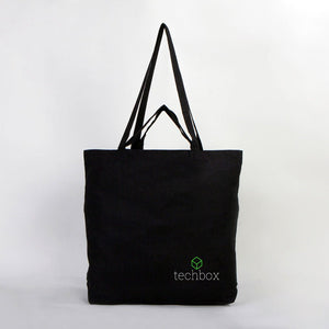Black tote bag with 'techbox' logo on a white background
