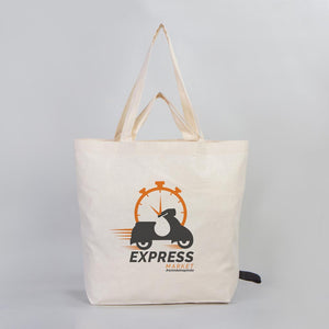 Beige tote bag with 'Express Market' logo on a gray background