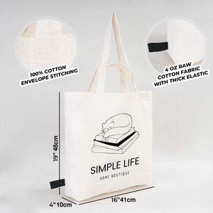 White tote bag with 'Simple Life Home Boutique' design, showing fabric details and dimensions.