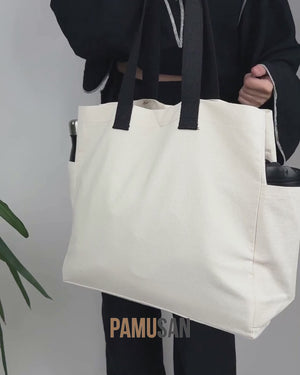 Tote bag vierge 40 × 35 × 15 cm – deux poches latérales, anses noires tissées, soufflet intégral de 15 cm – coton 450 g/m²